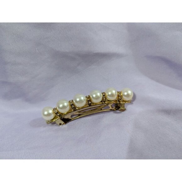 Vintage Faux Pearl & Rhinestone Gold Tone Hair Barrette - Picture 1 of 3